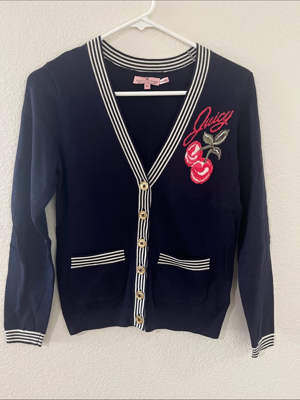 Juicy Couture Navy Knit Cardigan with Pink Cherry Embroidery
